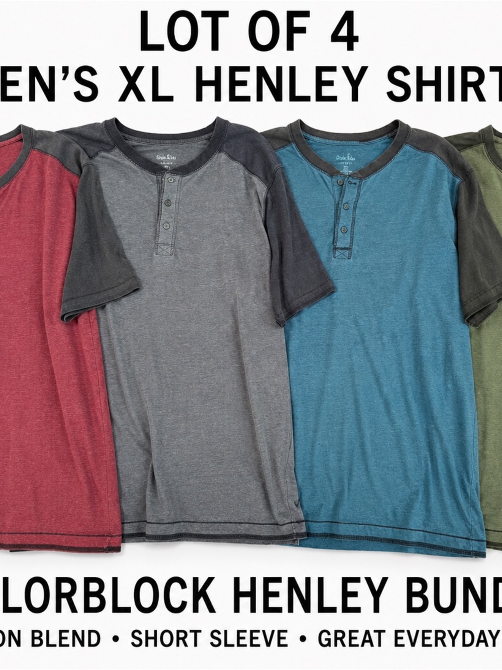 Lot of 4 Men’s XL Colorblock Henley Shirts Short Sleeve Cotton Blend